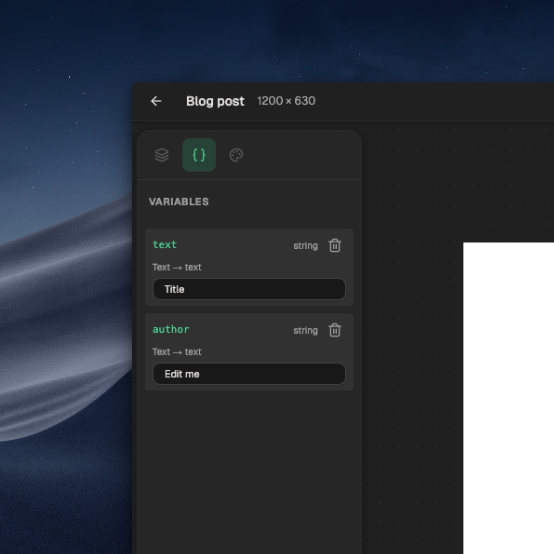 OpenPreview editor showing variable placeholders like {{title}} and {{author}} that fill in dynamically per URL